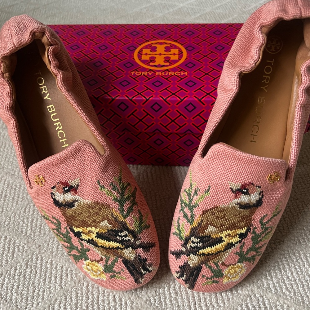 Tory Burch Pink Bird Embroidered Flats